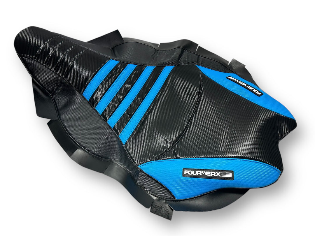 YAMAHA 09+ YFZ450R/X v2 SEAT COVER - CARBON BLACK / LIGHT BLUE GRIPPER