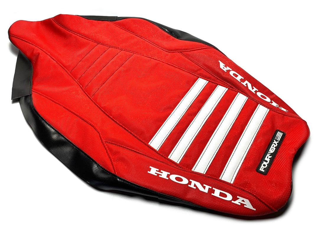 HONDA TRX450R v4 SEAT COVER - ALL RED GRIPPER / WHITE BANDS - HONDA REAR SIDES