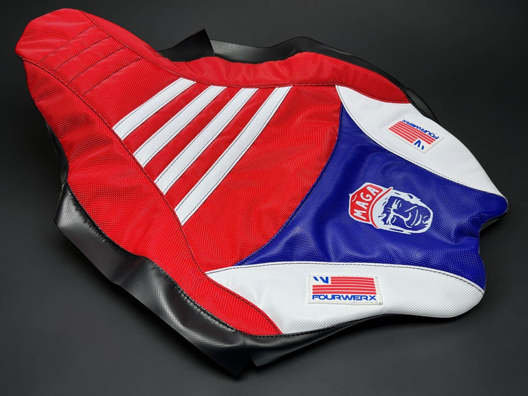YAMAHA 09+ YFZ450R/X v2 SEAT COVER - RED / WHITE / BLUE GRIPPER - MAGA TRUMP