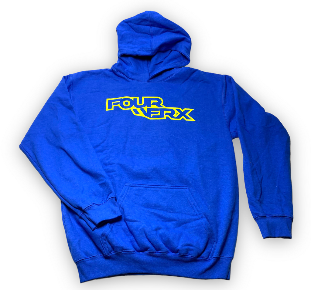 YOUTH FOURWERX HOODIE - ROYAL BLUE / FLO YELLOW STACKED LOGO