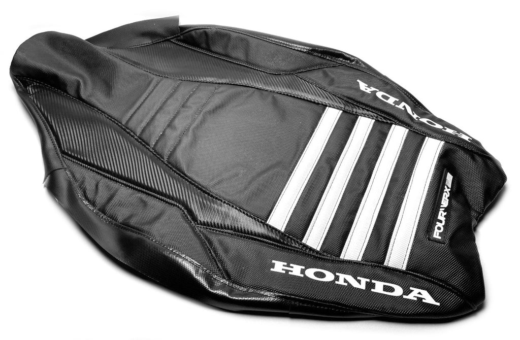 HONDA TRX450R v4 SEAT COVER - BLACK GRIPPER / WHITE BANDS - HONDA REAR SIDES