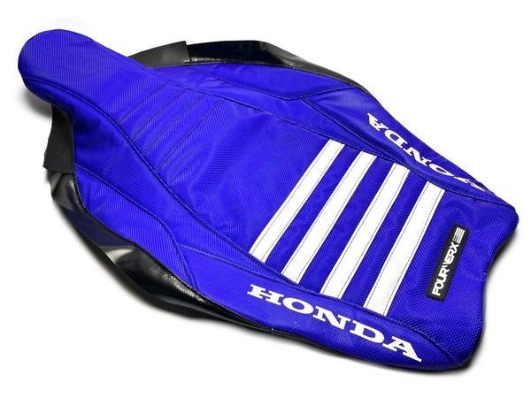 HONDA TRX450R v4 SEAT COVER - ALL BLUE GRIPPER / WHITE BANDS - HONDA REAR SIDES